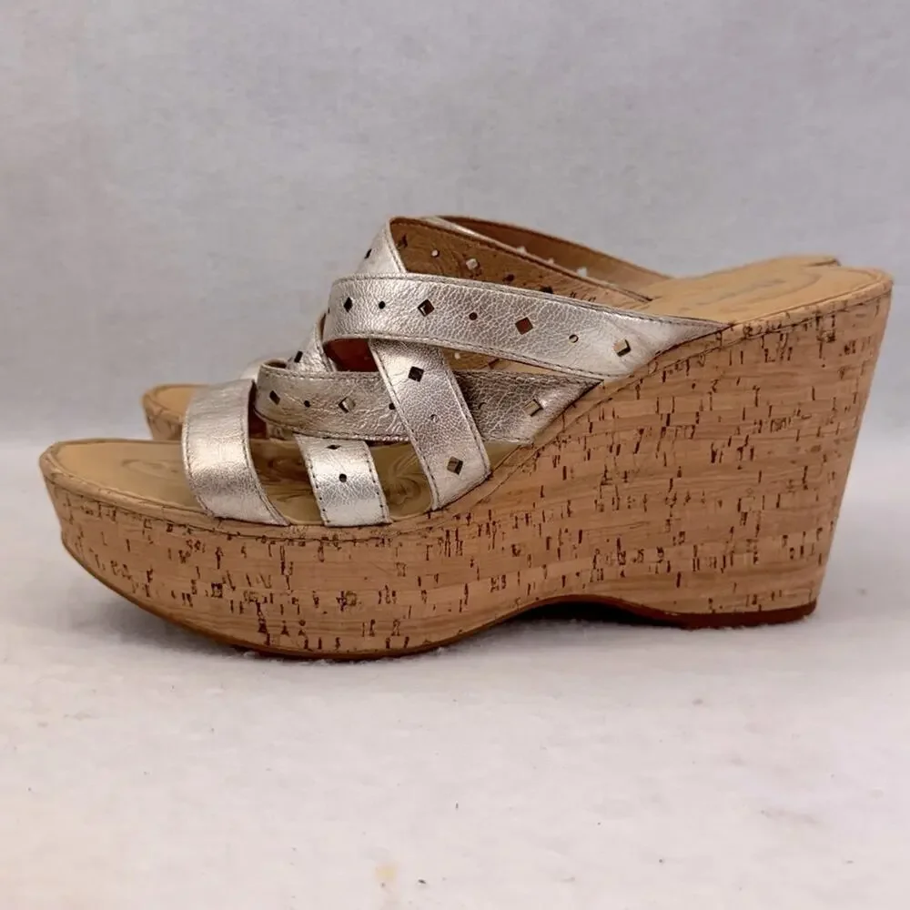 EUC Born Cork Wedges Sandals Leather Pewter size 12 4.5” Heels Strappy